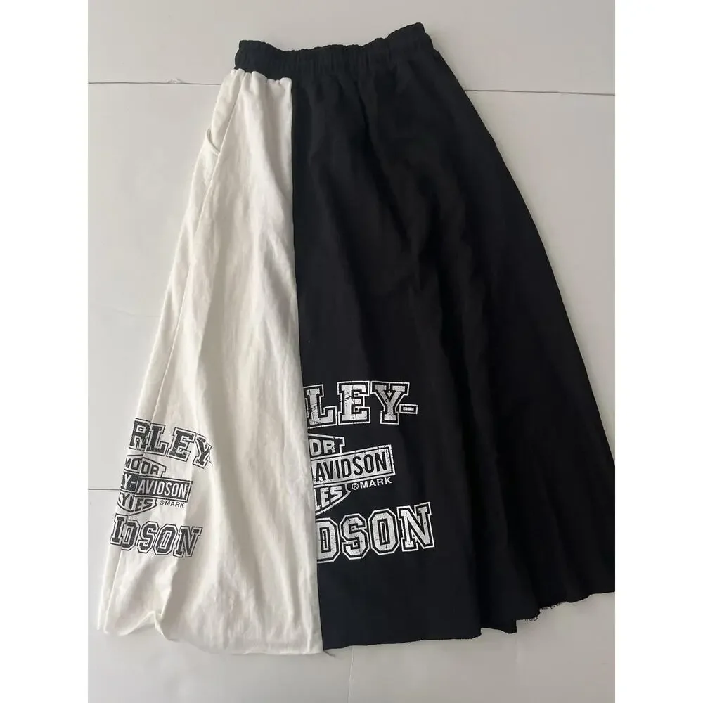 YEOU-NE Maxi Skirt Women Black White Colorblock Harley Davidson Biker Graphic